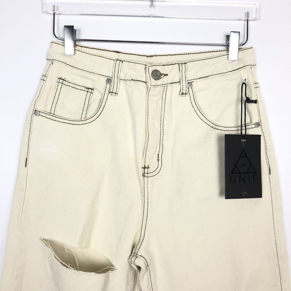 NWT Unif Sz 27 Cream Off White High Waist Distressed Jeans Tapered Straight Leg - Picture 3 of 7